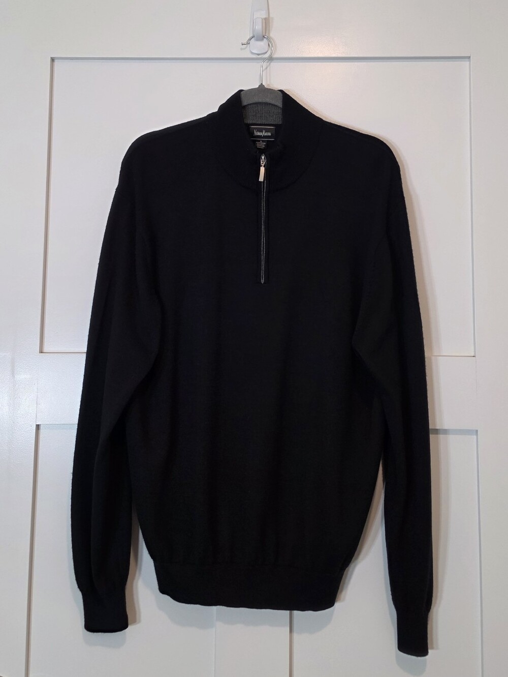 Neiman Marcus 1/4 Zip Merino Wool Blend Sweater Black Stretch Size XL